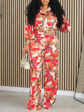 Print Long Sleeve Shirt Wide Leg Pants Suit GMLF-3293