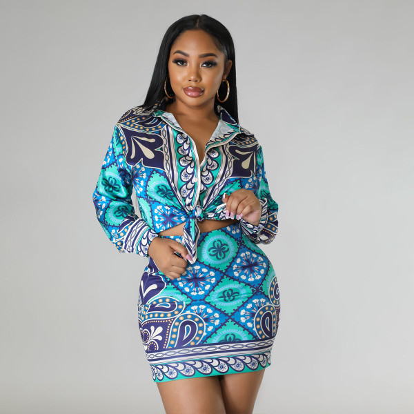 Casual Print Long Sleeve Shirt Skirts Two Piece Set YNSF-2656