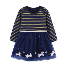 Kids Girls Cartoon Embroidered Striped Princess Dress GASD-1554
