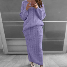 Plus Size Solid Color Long Sleeve Sweater Skirt  Set  GBLH-820#