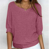 Plus Size Solid Color Round Neck 3/4 Sleeve Knit Top GBLH-9008#