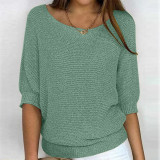 Plus Size Solid Color Round Neck 3/4 Sleeve Knit Top GBLH-9008#