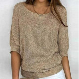 Plus Size Solid Color Round Neck 3/4 Sleeve Knit Top GBLH-9008#