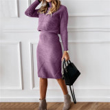 Plus Size High Neck Knits Pullover Sweater Two Piece Skirts Set GBLH-825#