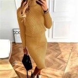 Plus Size High Neck Knits Pullover Sweater Two Piece Skirts Set GBLH-825#