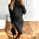 Plus Size High Neck Knits Pullover Sweater Two Piece Skirts Set GBLH-825#