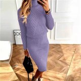 Plus Size High Neck Knits Pullover Sweater Two Piece Skirts Set GBLH-825#
