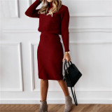 Plus Size High Neck Knits Pullover Sweater Two Piece Skirts Set GBLH-825#