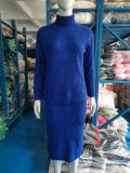 Plus Size High Neck Knits Pullover Sweater Two Piece Skirts Set GBLH-825#