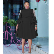 Plus Size Polka Dot Mesh Patchwork Lantern Sleeve Midi Dress NNWF-8045
