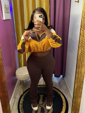 Color Block Long Sleeve Micro Flare Pants Suit CH-24060