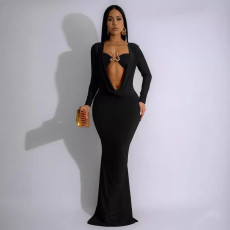 Deep V Neck Pleated Long Sleeve Maxi Dress SFY-570
