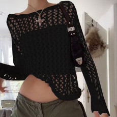 O Neck Loose Hollow Out Knits Top GBLH-9818#