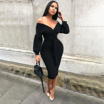 Solid Color V Neck Lantern Sleeve Midi Dress HMS-6355