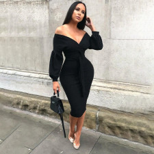 Solid Color V Neck Lantern Sleeve Midi Dress HMS-6355