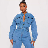 Long Sleeve Multi-Pocket Washed Denim Jumpsuit GKNF-3570