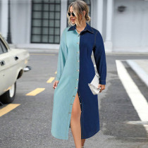 Denim Color Block Long Sleeve Maxi Dress GDAM-218550