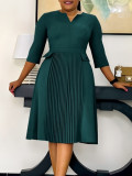 Solid Color 3/4 Sleeve Press Pleated Midi Dress GMLF-3295