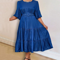 Plus Size Fashion Denim Puff Sleeve Midi Dress GDAM-218622