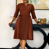 Solid Color 3/4 Sleeve Press Pleated Midi Dress GMLF-3295