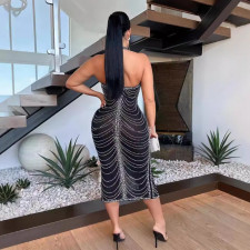 Hot Drill Halter Sleeveless Split Midi Dress NY-3277