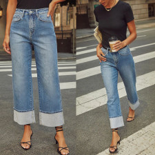 Fashion Loose Rolled Hem Washed Jeans GKNF-11035