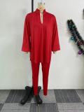 V-neck Lantern Sleeve Split Shirts Pants Suit NY-10900