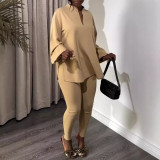V-neck Lantern Sleeve Split Shirts Pants Suit NY-10900