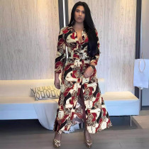 Print Long Sleeve Button Side Split Maxi Dress NY-10897