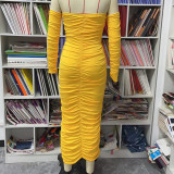 Wrap Chest Pleated Long Sleeve Long Dress GOSD-7028