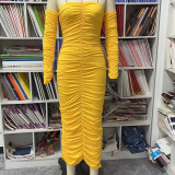Wrap Chest Pleated Long Sleeve Long Dress GOSD-7028