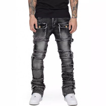 Men's Washed Denim Frayed Layered Micro Flare Jean GDMY-3039