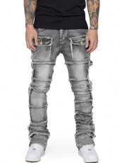 Men's Washed Denim Frayed Layered Micro Flare Jean GDMY-3039