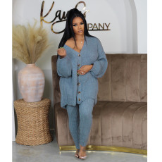 Solid Color V Neck Sweater Tight Pants 2 Piece Set GCNF-0222