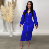 Solid Color Zipper Long Sleeve Pleated Maxi Dress TE-4706