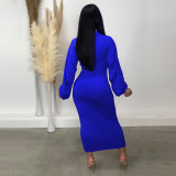 Solid Color Zipper Long Sleeve Pleated Maxi Dress TE-4706