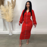 Solid Color Zipper Long Sleeve Pleated Maxi Dress TE-4706