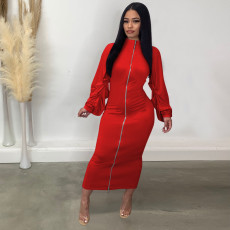 Solid Color Zipper Long Sleeve Pleated Maxi Dress TE-4706