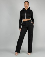 Solid Color Zipper Hooded Two Piece Pants Set FENF-FE283