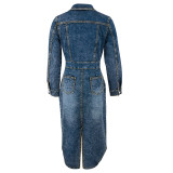 Lapel Button Long Sleeve Split Denim Maxi Dress GDAM-218621