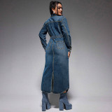 Lapel Button Long Sleeve Split Denim Maxi Dress GDAM-218621