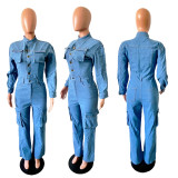 Long Sleeve Denim Multi-pockets Jumpsuit GKNF-TSJ-3570