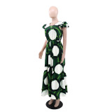 O Neck Print Ruffle Sleeve Maxi Dress GYLY-10541