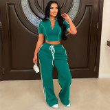 Stripe Patchwork Zipper Loose Two Piece Pants Set CYA-901481