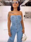 Single-breasted Wrap Chest Denim Jumpsuit GADE-9825