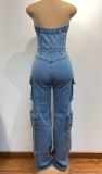 Single-breasted Wrap Chest Denim Jumpsuit GADE-9825