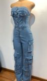 Single-breasted Wrap Chest Denim Jumpsuit GADE-9825