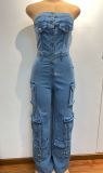 Single-breasted Wrap Chest Denim Jumpsuit GADE-9825