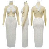 Solid Color Sleeveless Tie Up Backless Long Skint Set YF-10751
