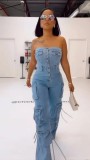 Single-breasted Wrap Chest Denim Jumpsuit GADE-9825